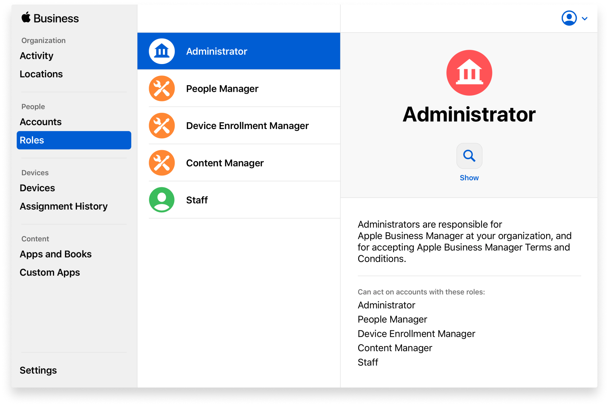 Creating a new Administrator account in Apple Business Manager.