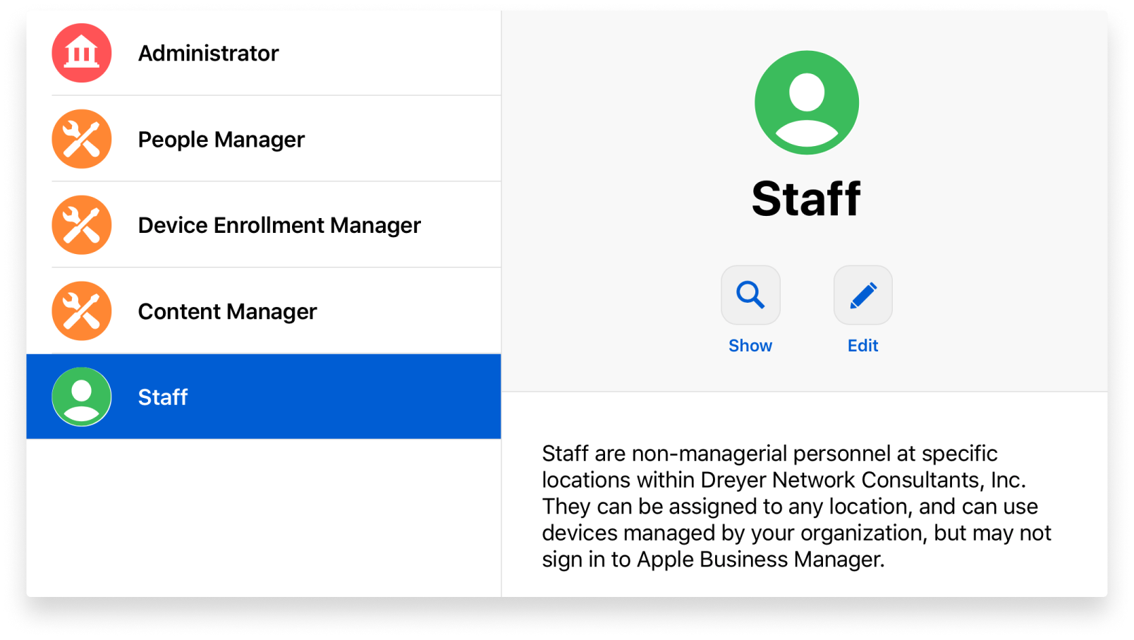 Creating a new Staff role in Apple Business Manager