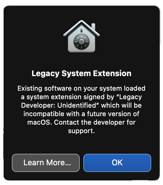 Legacy system extension dialog