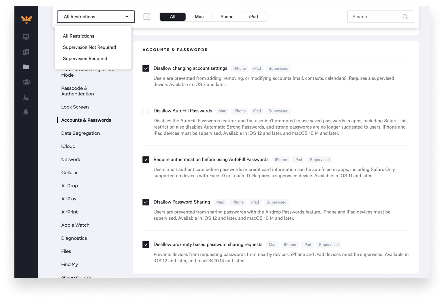 apple mdm restrictions profile - supervised