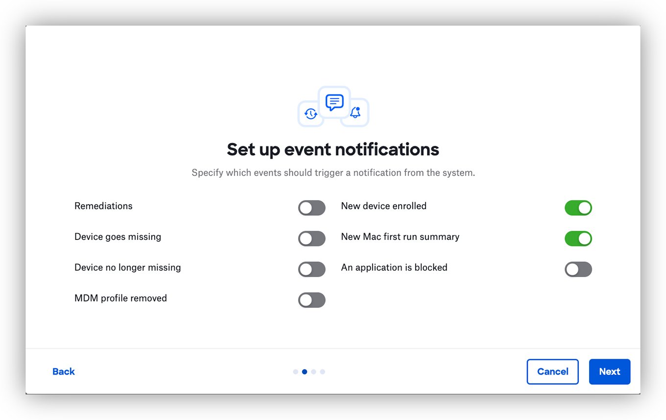 Screenshot of a page to set up event notifications