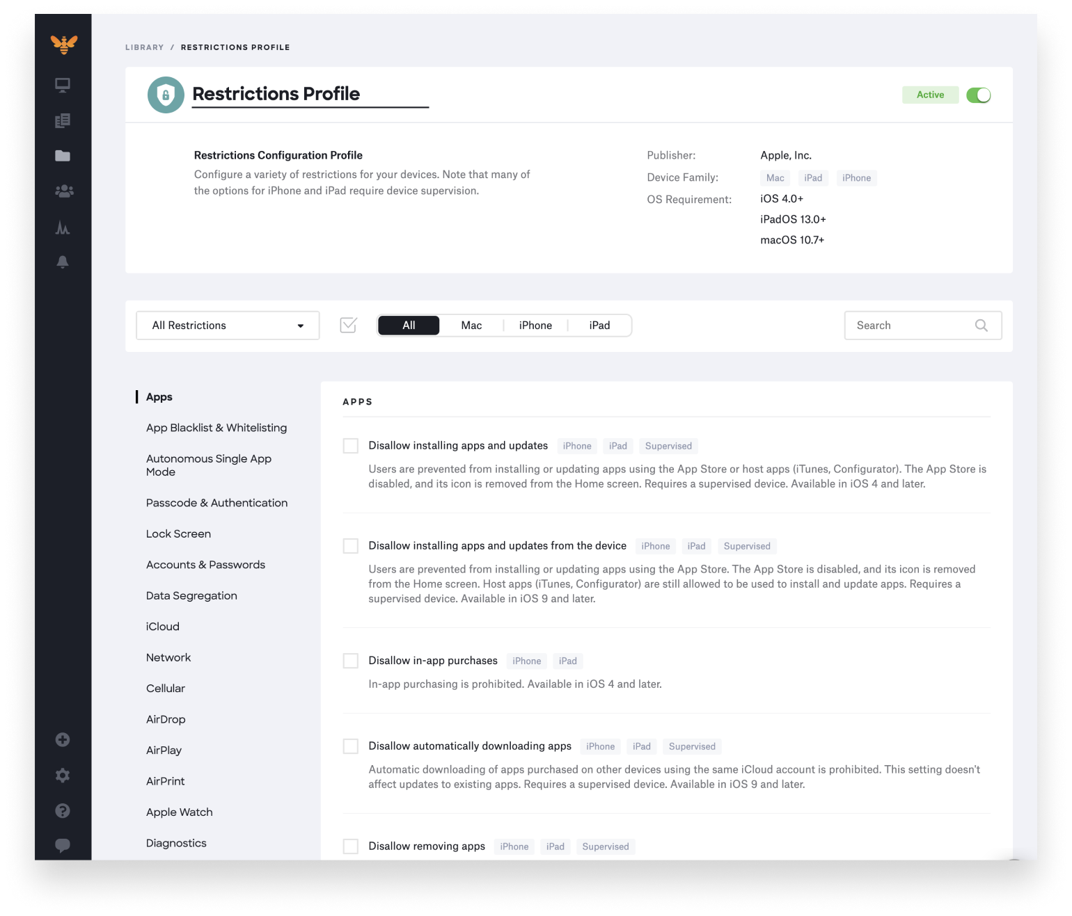 kandji apple mdm restrictions profile